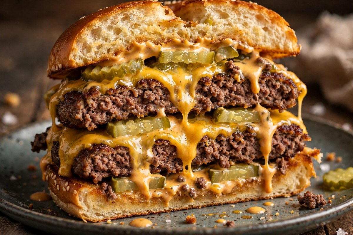 Cross-section of a double smash burger showing juicy layers and melted cheese