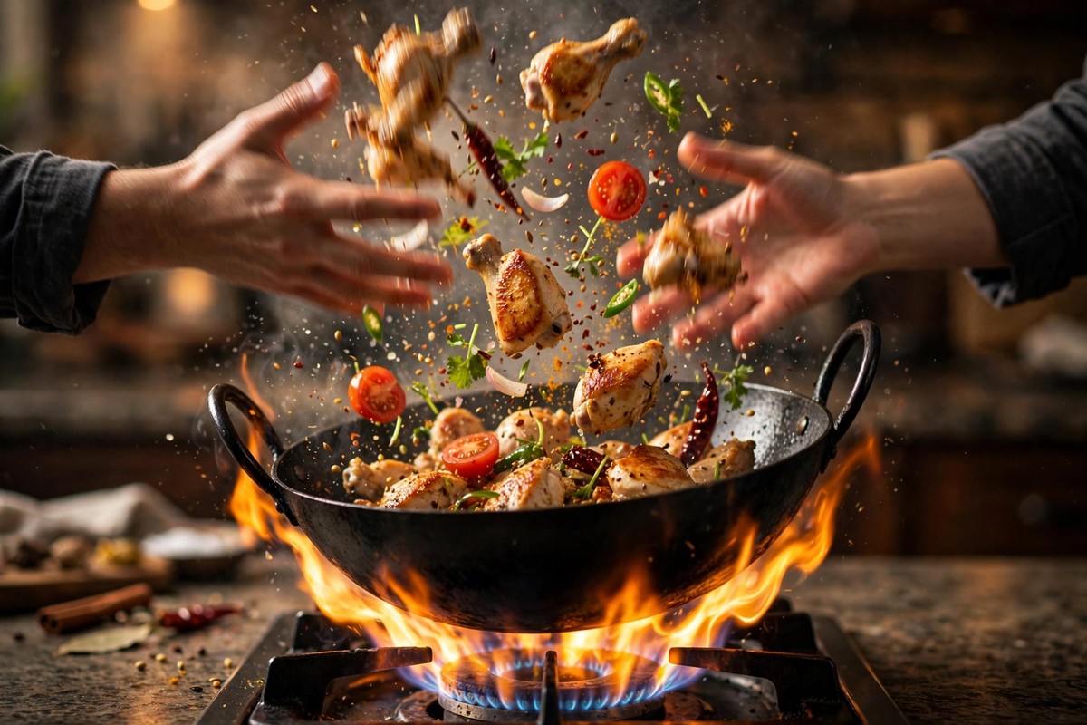 Hands tossing chicken pieces in a karahi wok over high flame