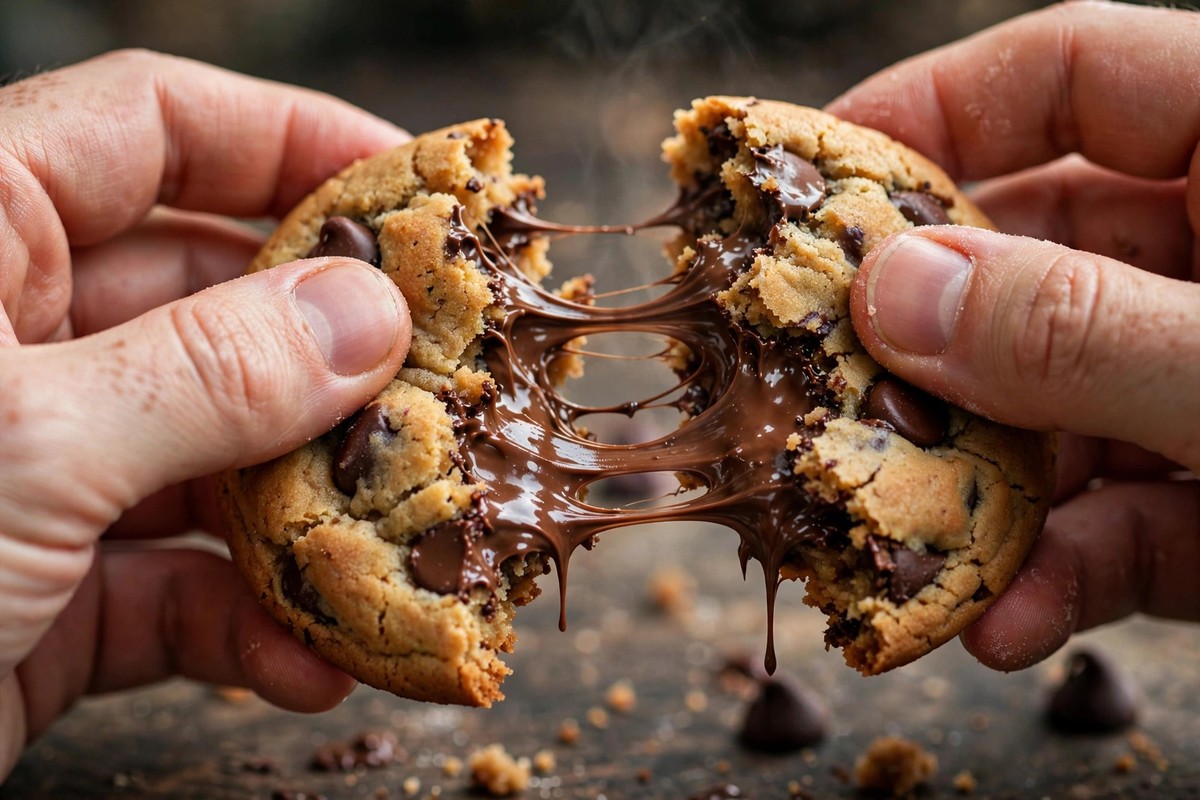 Hands breaking open a warm gooey chocolate chip cookie with melted chocolate pull