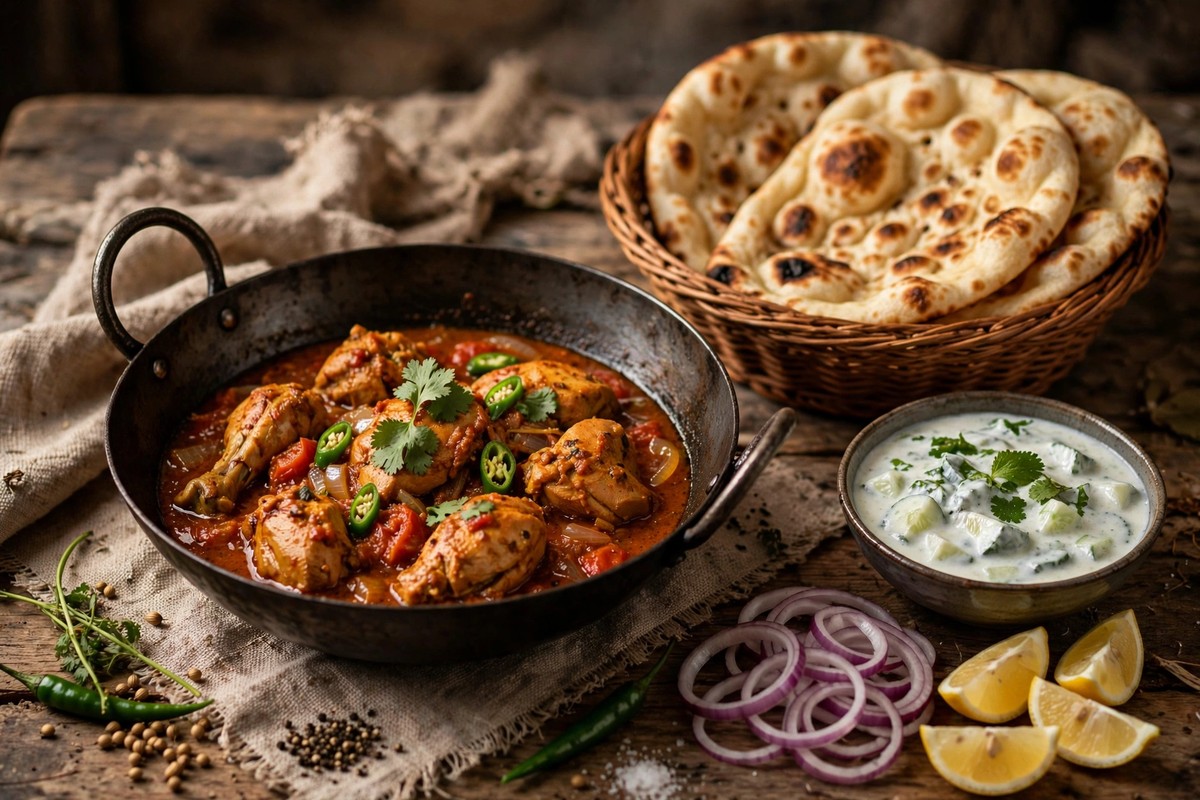 Chicken karahi served with naan bread and raita on a rustic table