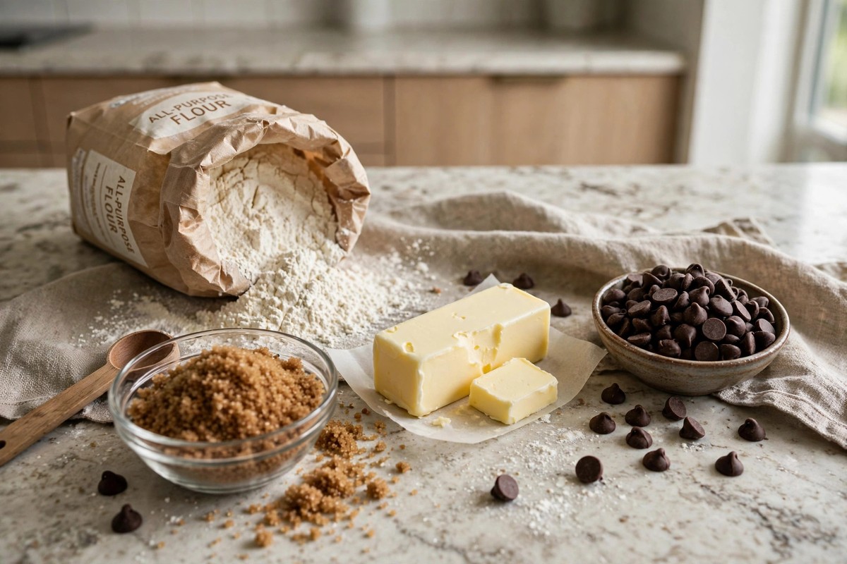 Baking ingredients for chocolate chip cookies: flour, brown sugar, butter and chocolate chips on a kitchen counter